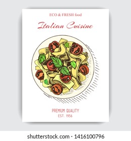 Vector sketch - italian food.
Card menu italian restaurant. Hand drawn illustration pasta dish.