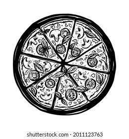 Vector sketch of Italian pizza. Tasty pizza topped with tomato sauce, cheese, mushrooms, tomatoes and basil. Vector black and white illustration.