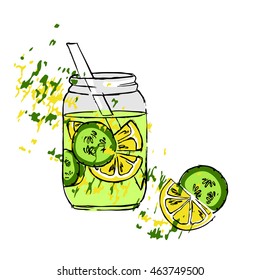 vector sketch jar detox drink lemon cucumber illustration