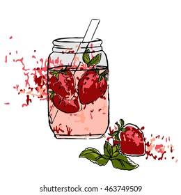 vector sketch jar detox drink strawberry mint illustration