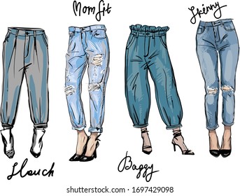 Vector sketch of jeans fashion  fit. Trendy ashion illustration, fashion sketch, perfect for print and decoration.