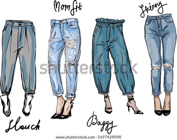 Vector sketch\
of jeans fashion  fit. Trendy ashion illustration, fashion sketch,\
perfect for print and\
decoration.