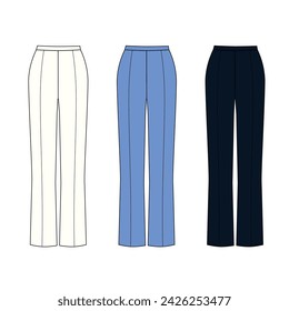 Vaqueros aislados sobre fondo blanco. Un conjunto de dibujos de pantalones rectos en colores blanco, azul, negro. Plantilla de pantalones de moda de cintura alta.