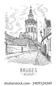 Vector sketch of Jerusalem Church in Bruges, Belgium. Illustration of an old city, a stone road, a pavement. Urban sketch in black color isolated on white background, inkpen on paper. Freehand drawing
