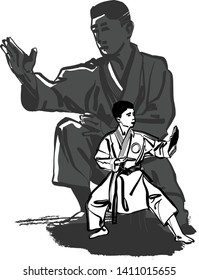 the vector sketch of karate fighters
