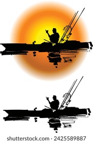 Vector sketch of the kayak fisherman in the sunrise ocean