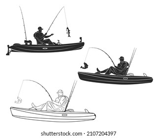 Vector Sketch Kayak Fishing And Stock Vectors Icons.