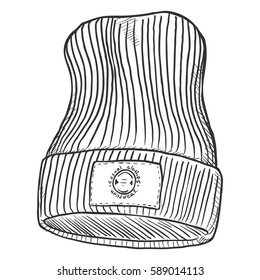 Vector Sketch Knitted Winter Cap with Label. Hip-hop Style.