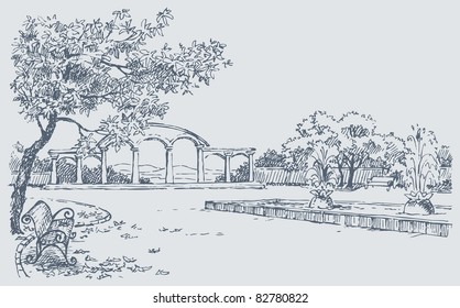 Vector sketch. A landscape of autumn  park with a bench under a tree opposite to a fountain