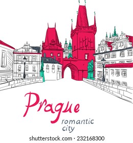 Vector sketch of landscape with Charles Bridge in Prague 