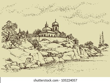 Vector sketch landscape. On a high rocky hill above the river is an old walled monastery