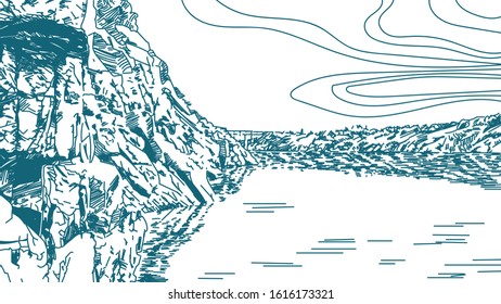 Vector sketch of the landscape of the river and the coast in the rocks