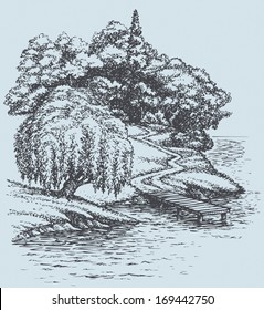 Vector sketch landscape. Willow on the river above the footpath down from the wooded hill to the pier