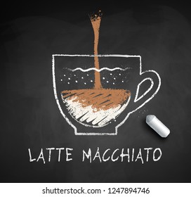 Vector sketch of Latte Macchiato coffee on chalkboard background with piece of chalk.