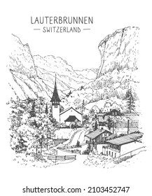 Vektorgrafik von Lauterbrunnen im Kanton Bern in der Schweiz, Grafische Darstellung des Dorfes in den Alpen. Skizze in schwarzer Farbe einzeln auf weißem Hintergrund. Handgezeichnete Reisepostkarte.