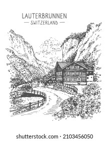 Vector sketch of Lauterbrunnen in the canton of Bern in Switzerland, Graphic illustration of the village in the Alpine. Sketch in black color isolated on white background. Hand drawn travel postcard.