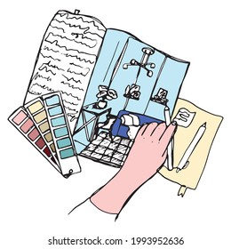 Vector sketch layout on the theme of the interior designer, women's hand, notepad, interior magazine, color palette