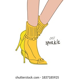 Vector sketch. Woman’s legs in yellow socks and high heels shoes. Handwritten quote: just sparkle