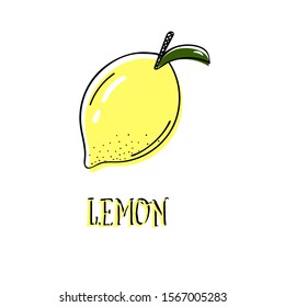 Vector sketch of lemon fruit. bright drawing ripe lemon lettering the word lemon