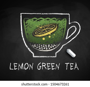 Vector sketch of of lemon green sweet tea on chalkboard background with piece of chalk.