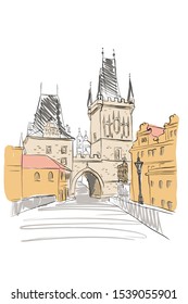 vector sketch of Lesser Town Bridge Towers on Charles Bridge and Prague castel. Prague, Czech Republic, Bohemia.