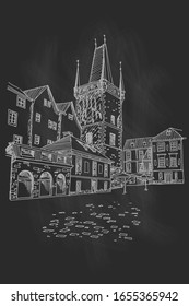 vector sketch of Lesser Town Bridge Towers on Charles Bridge. Prague, Czech Republic, Bohemia. Retro style.
