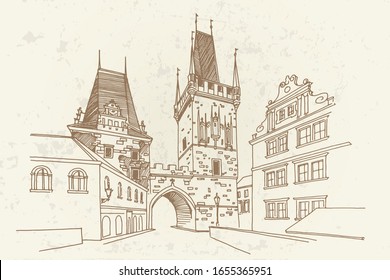 vector sketch of Lesser Town Bridge Towers on Charles Bridge. Prague, Czech Republic, Bohemia. Retro style.