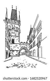 vector sketch of Lesser Town Bridge Towers on Charles Bridge and Prague castel. Prague, Czech Republic, Bohemia.