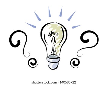 Vector sketch of light bulb and two question marks.