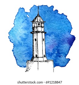 vector sketch of lighthouse at blue watercolor background, hand drawn illustration