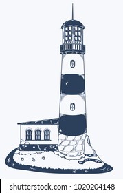 vector sketch of a lighthouse with the extension on the stony shore