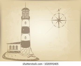vector sketch of the lighthouse on the cliff on the background of old yellowed card with a painted compass