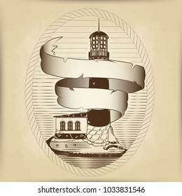 vector sketch of the lighthouse on the shore in an oval frame out of rope. the Curling ribbon from the parchment for the writing. background of old parchment. print for t-shirt, banner, ticket 