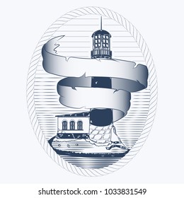 vector sketch of the lighthouse on the shore in an oval frame out of rope. the Curling ribbon from the parchment for the writing. print for t-shirt, ticket banner and other design