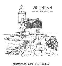 Vector sketch of the lighthouse in Volendam, the Netherlands. Hand-drawn illustration of a lighthouse on the seashore. Urban sketch in black on a white background. A hand-drawn travel postcard. 