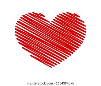 Vector sketch line art scribble zigzag hatching red heart silhouette drawing love symbol isolated on white background.Valentine's day decoration element.Birthday and wedding stencil sign shape.