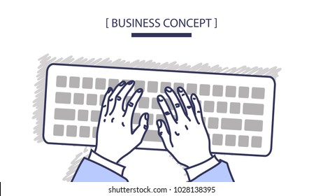 Vector sketch line illustration hands work on the keyboard
