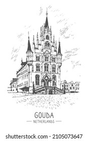 Vector sketch. Liner sketches of Gouda, Holland, Netherlands,  hand drawing sketch, graphic illustration. Hand drawn travel postcard. Urban sketch in black color on white background. Freehand drawing.