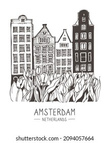 Vector sketch. Liner sketches homes of Amsterdam and tulips, Holland, hand drawing sketch, graphic illustration. Hand drawn travel postcard. Urban sketch in black color isolated on white background.