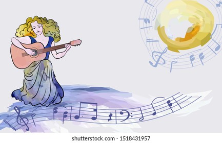 Vector sketch in lines on the background of watercolor spots, romantic girl with a guitar on the background of notes, waves and the sun, listening, composing music  