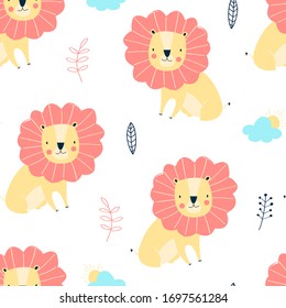 Vector sketch lion seamless pattern for print design. Hand-drawing lion.