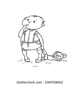 Vector sketch little boy looks with curiosity and stuck finger in mouth holds Teddy bear in his hand. Active play children walk in summer on outdoor black white cartoon isolated illustration.