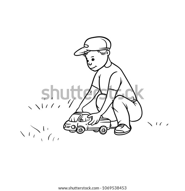 Vector sketch little boy\
rolls toy lorry car on their haunches. Active play children\
teenager walk in summer on outdoor black white cartoon isolated\
illustration.