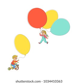 Vector sketch little girl child walking with air balloon in jeans on suspenders, boy riding bike holding balloons. Happy kid characters celebration party invitation card design. Isolated illustration