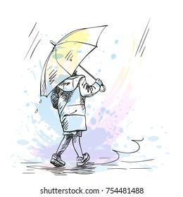 Vector sketch of little girl walking under umbrella in rain, Hand drawn illustration with hatched shades isolated on background of watercolor splash