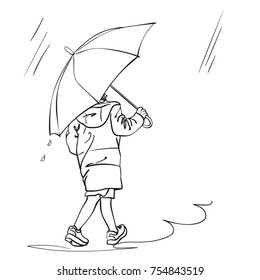 Vector sketch of little girl walking under umbrella in rain, Hand drawn linear illustration isolated on white background