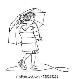 Vector sketch of little girl walking under umbrella, Hand drawn illustration isolated on white background