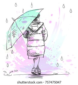 Vector sketch of little girl walking under umbrella in rain, Hand drawn illustration with hatched shades isolated on background of watercolor splash