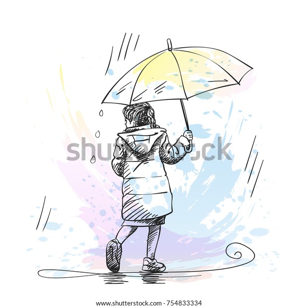 雨の中で傘の下を歩き 後ろを見る少女のベクター画像スケッチ 水色のスプラッシュの背景にハッチングシェードと手描きのイラスト のベクター画像素材 ロイヤリティフリー