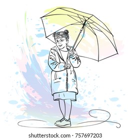 Vector sketch of little girl wearing eyeglasses standing under umbrella and smiling, Hand drawn illustration with hatched shades isolated on background of watercolor splash